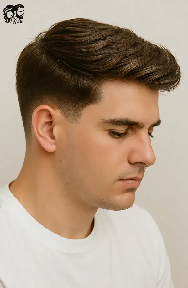 Brushed Forward and Swept with Low Taper Fade