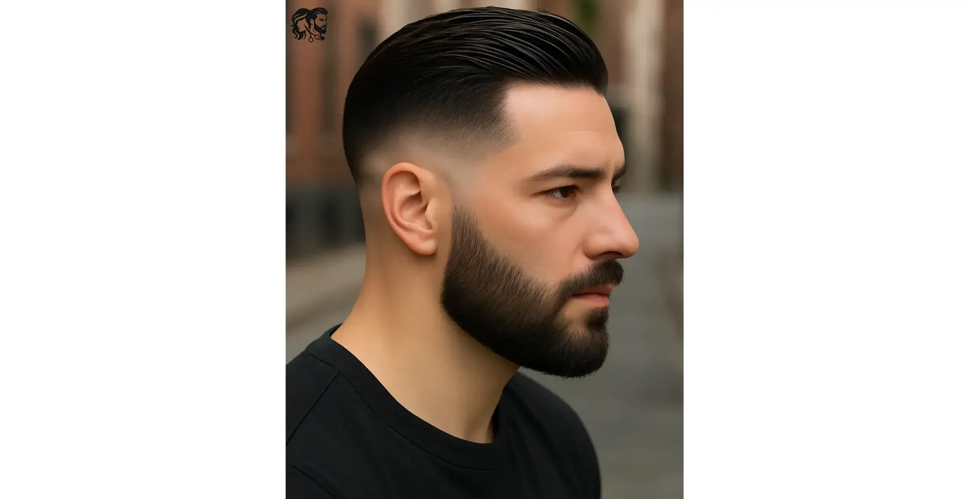 Short Slick Back with Mid Fade and Beard
