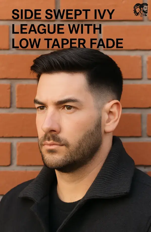 Side Swept Ivy League with Low Taper Fade