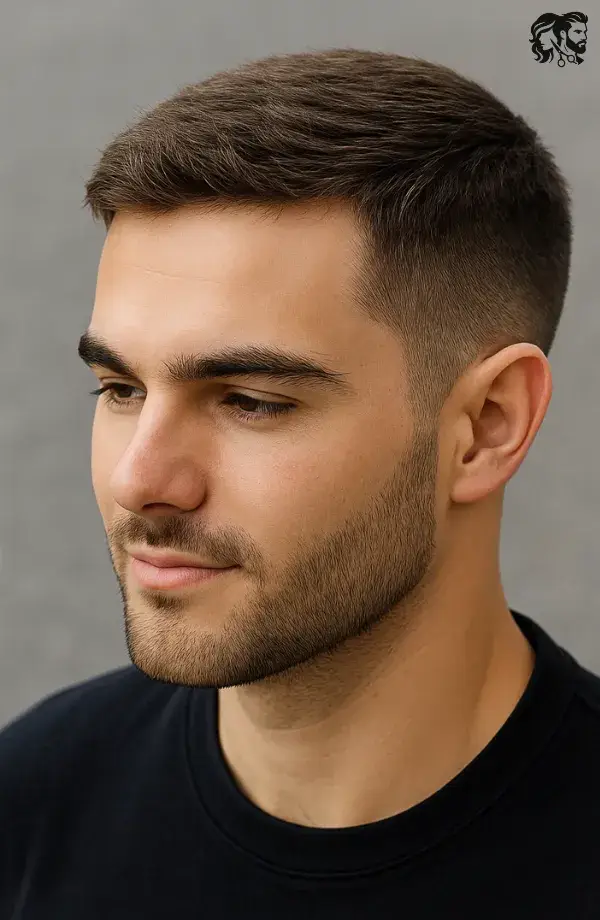 Textured Ivy League Taper Fade with Stubble Beard