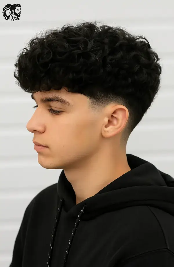 Thick Curly Fringe with Taper Fade for Boys