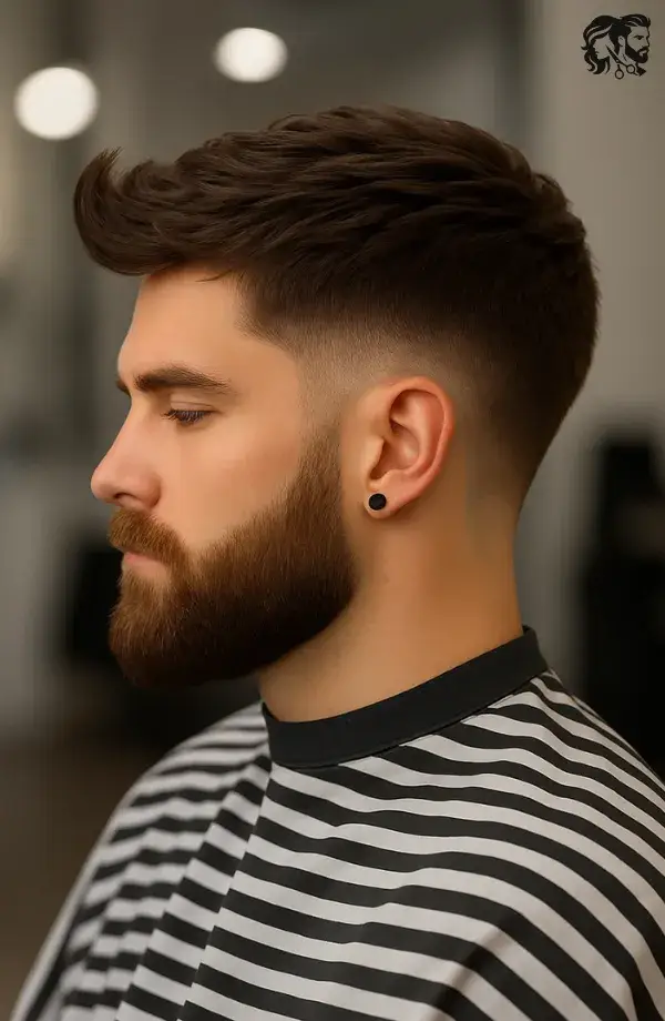 Textured Top and Tapered Burst Fade with Short Beard