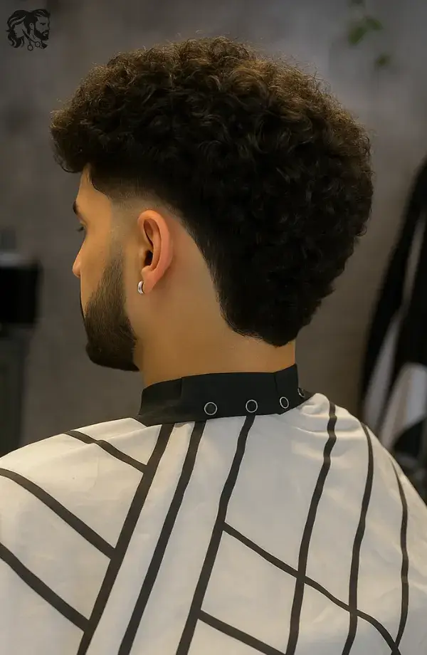 Thick Curly Mullet with Low Burst Fade